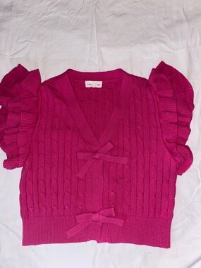 entro Hot Pink Cable-Knit V-Neck Sweater with Ruffle Sleeves
